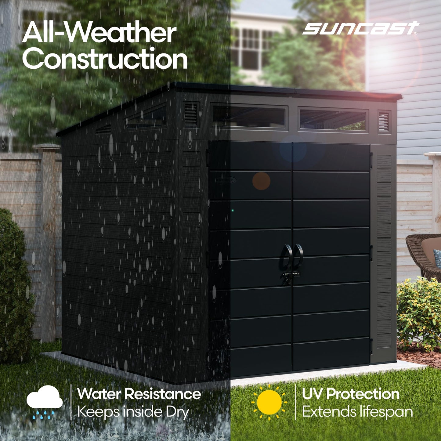 Suncast Modern Outdoor Storage Shed, 200 cu. ft. Peppercorn Resin Shed for Lawn Mower, Bikes, Utility Tools, Patio, & Yard. Weatherproof & Lockable Modern Sheds & Outdoor Storage, Made in USA