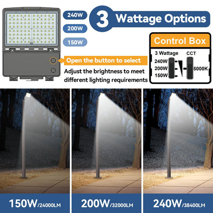 240W LED Parking Lot Light 3Pack: 150/200/240W Selectable, 38400LM 5000K Arm & Slip Fitter 2 in 1 Mount LED Pole Light, LED Shoebox Light Commercial LED Flood Light for Driveway Stadium Roadways, ETL
