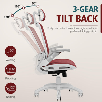 GABRYLLY Ergonomic Office Chair, High Back Home Desk Chair with Headrest, Flip-Up Arms, 90-120° Tilt Lock and Wide Cushion, 300LBS Mesh Chairs for Man Woman, White Task Chair(Red,GY01WR)