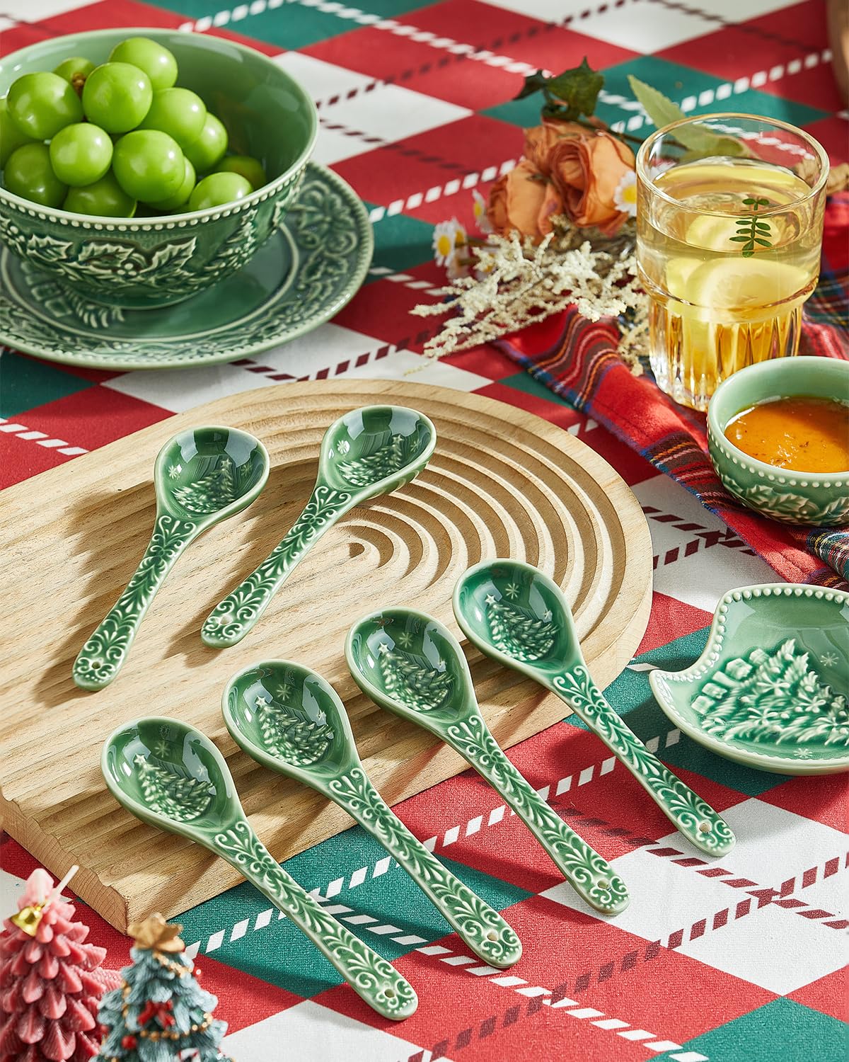 Metahom Christmas Tree Spoons, Ceramic Small Serving Spoons for Soups, Cereal, Ice Cream, Condiments, Dips, Charcuterie Boards, Dishwasher & Microwave Safe, Green, Set of 6