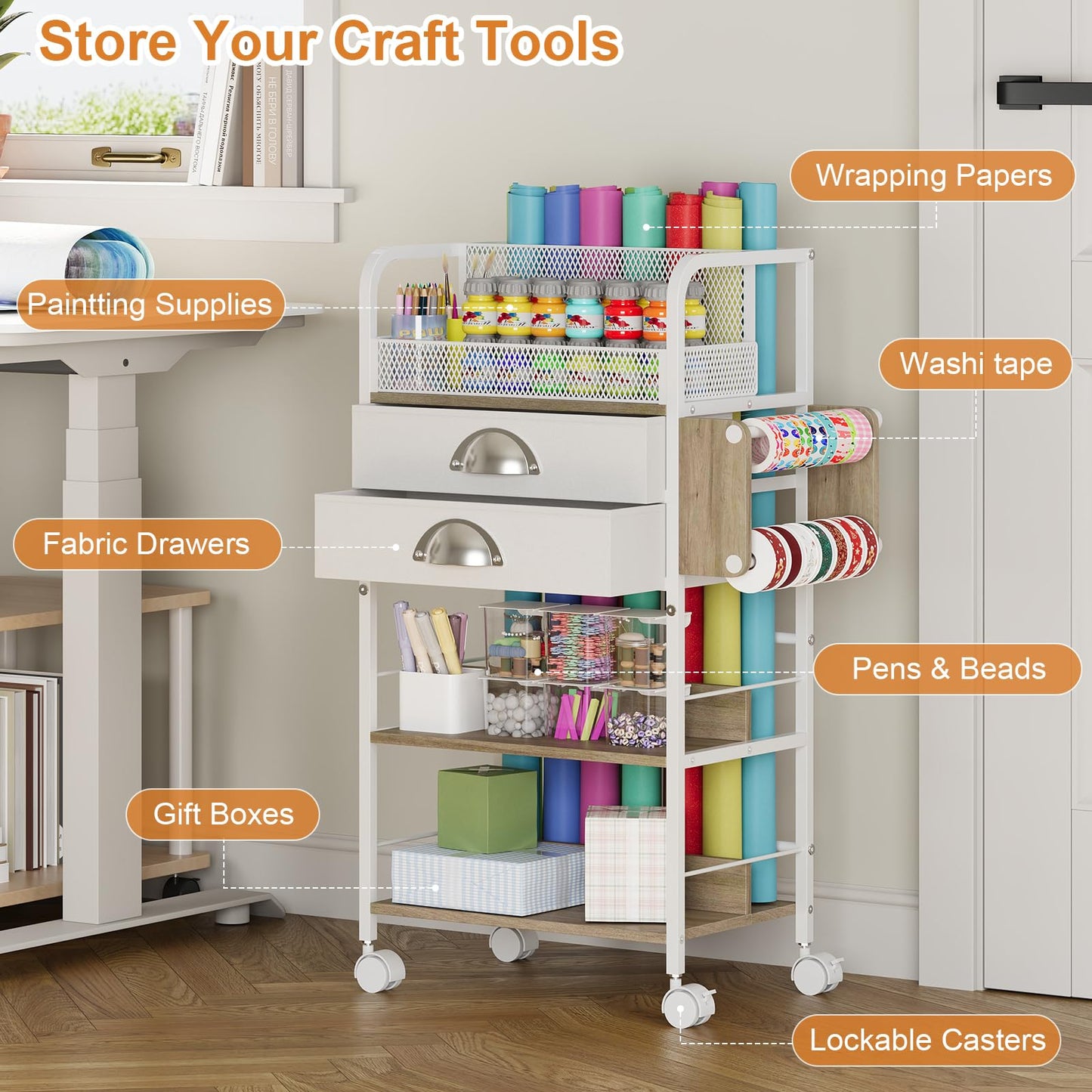 Rolling Craft Storage Cart with 2 Small Fabric Drawers & Lockable Wheels, DIY Organizer for Wrapping Paper, Paints, Brushes, Craft Supplies, Multi-Tier Craft Cart Tape Holder, 16.54x11.4x32.68 Inches