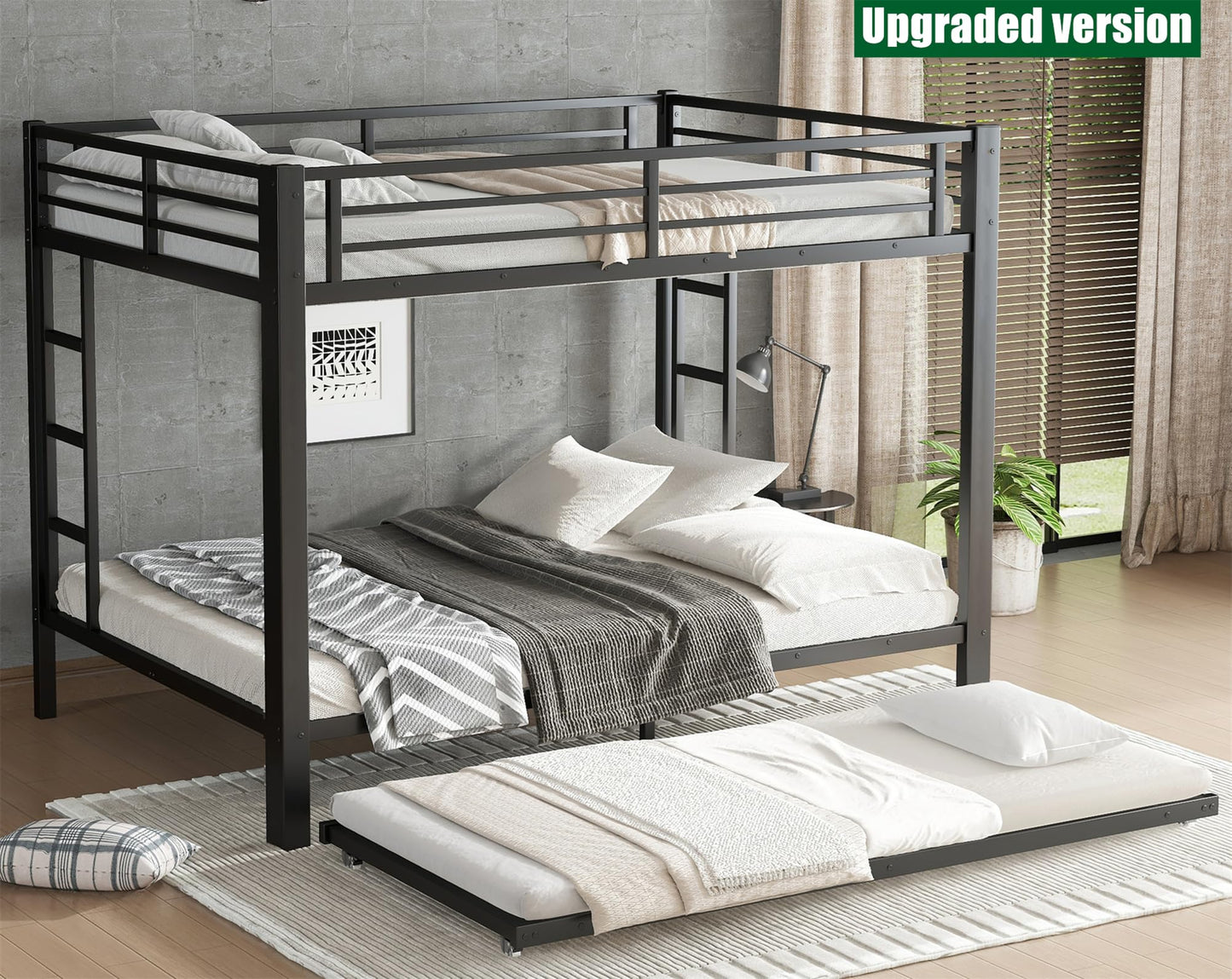 NOAHLEO Stronger & Safer Heavy Duty Metal Queen Over Queen Size Bunk Bed for Adults Teens, More Stable Thickened Steel Bunkbed (Queen Over Queen with Twin Trundle)
