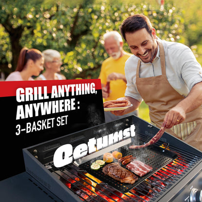 Qetumst Large 3 Piece Grill Basket Set for Outdoor Grill, Heavy Duty Veggie Grilling Pan with Riveted Handles, Warp Resistant Nonstick BBQ Accessories for Vegetables, Seafood & Meat