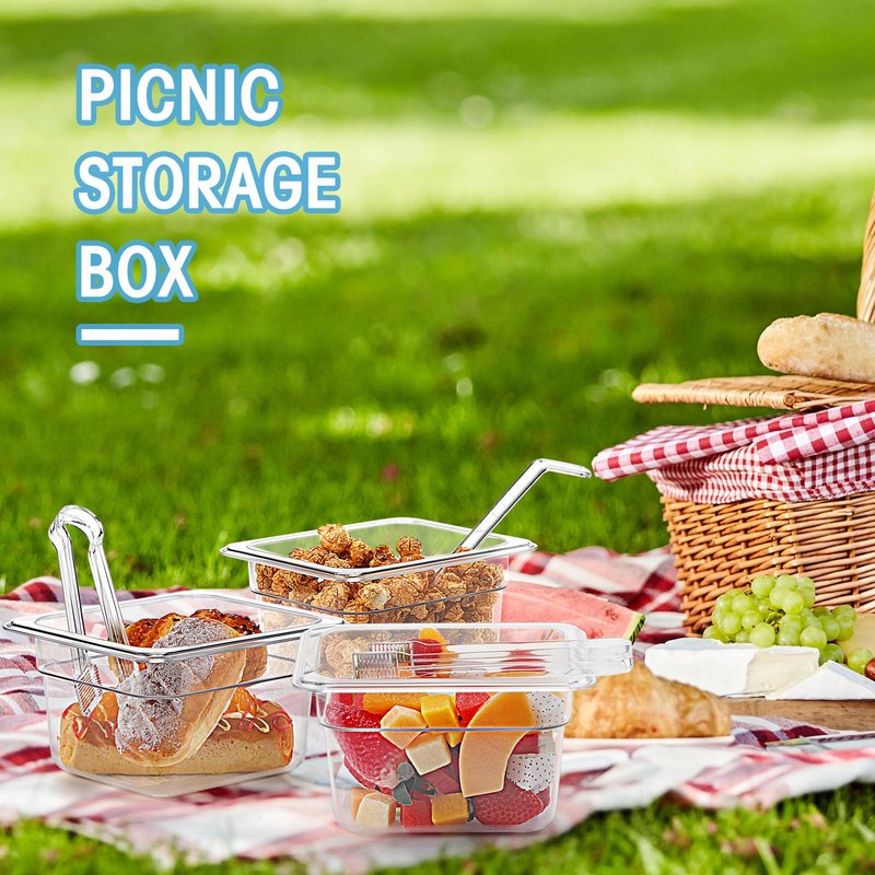 Suttmin 15 Pcs Plastic Clear Food Pan Set, 1/6 Size Clear Food Pan with Lid, Tongs, Spoons, Stickers Stackable Food Storage Container Restaurant Hotel Commercial Pan for Fruit Vegetable (4 Inch Deep)