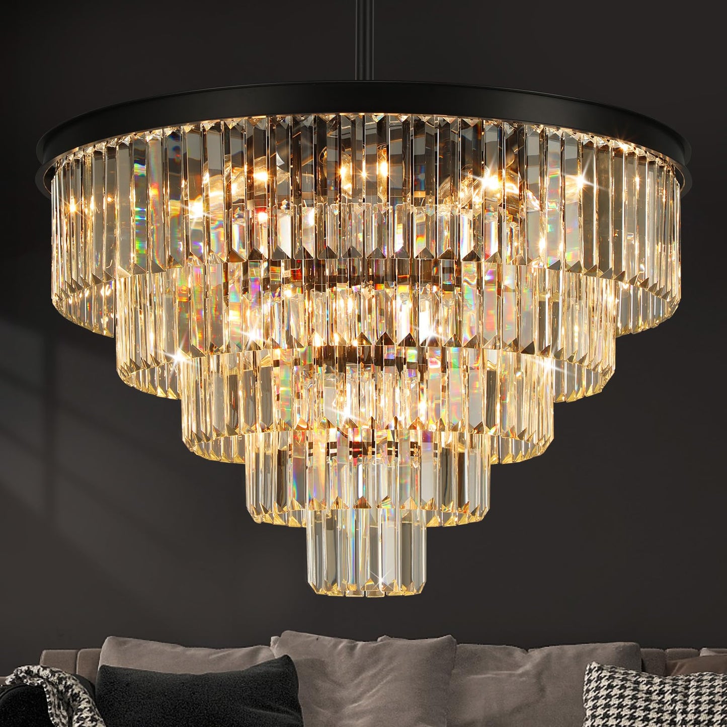 Crystal Chandeliers for Dining Room Lights Fixture Over Table, 20 Lights Black Modern Chandeliers for Living Room, 5-Tier Round Crystal Lighting Fixtures for Bedroom Entryway Kitchen Island D30 Inch
