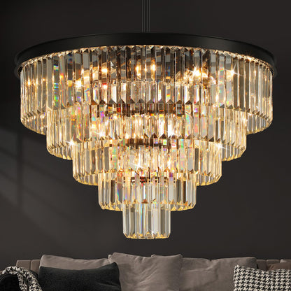 Crystal Chandeliers for Dining Room Lights Fixture Over Table, 20 Lights Black Modern Chandeliers for Living Room, 5-Tier Round Crystal Lighting Fixtures for Bedroom Entryway Kitchen Island D30 Inch