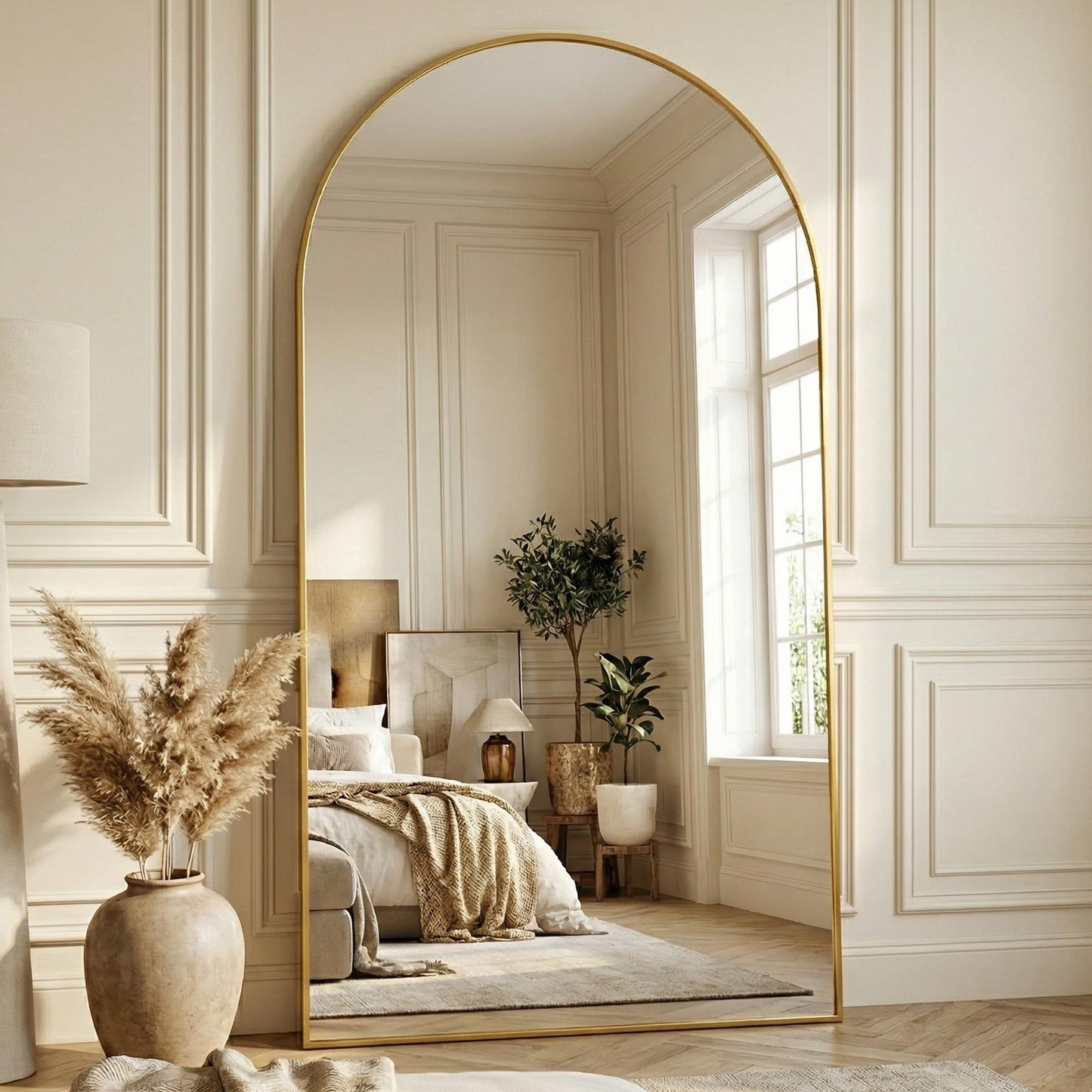 Suidia 76"x44" Arched Full Length Mirror with Stand, Full Body Mirror with Aluminum Frame, Freestanding/Leaning/Wall-Mounted, Floor Mirrors for Bedroom, Living Room, Entryway, Dressing Room, Gold