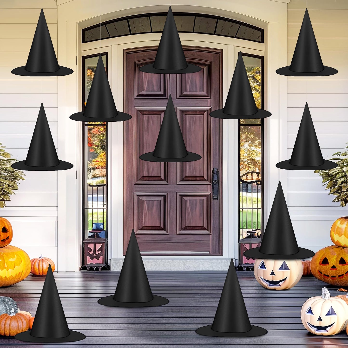 Helimoto 12 PCS Halloween Witch Hats, Black Hanging Witch Hats, Witch Costume Accessories Witches Hat with 328 FT Nylon Cord Wizard Hats Indoor Outdoor Halloween Decorations