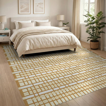 ODIKA 8'x10' Washable Geometric Grid Large Rug, Brown Non-Shedding Pet Friendly Carpet for King Size Bedroom, Master Suite, Under Bed, Foldable Easy Care Mat | Ref:2140365