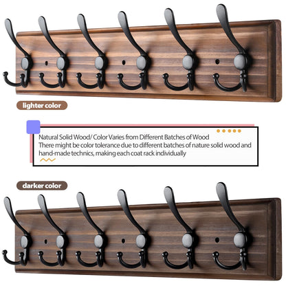 PHINGEER Coat Rack Wall Mount, Wooden Heavy Duty Coat Rack for Wall,6 Triple Coat Hanger Hooks for Hanging Coats,Jacket,Hat,Clothes (Brown, 6 Hooks)