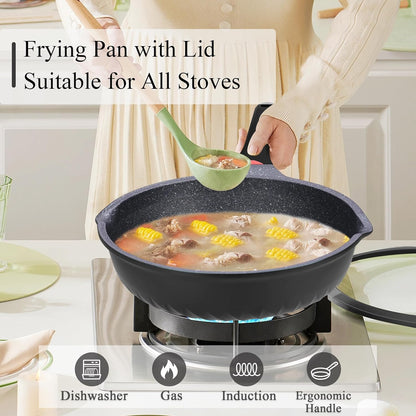 Vinchef Nonstick Skillet - 12.5-Inch Aluminum Deep Frying Pan with Lid & Heat Indicator | Scratch & Stain Resistant
