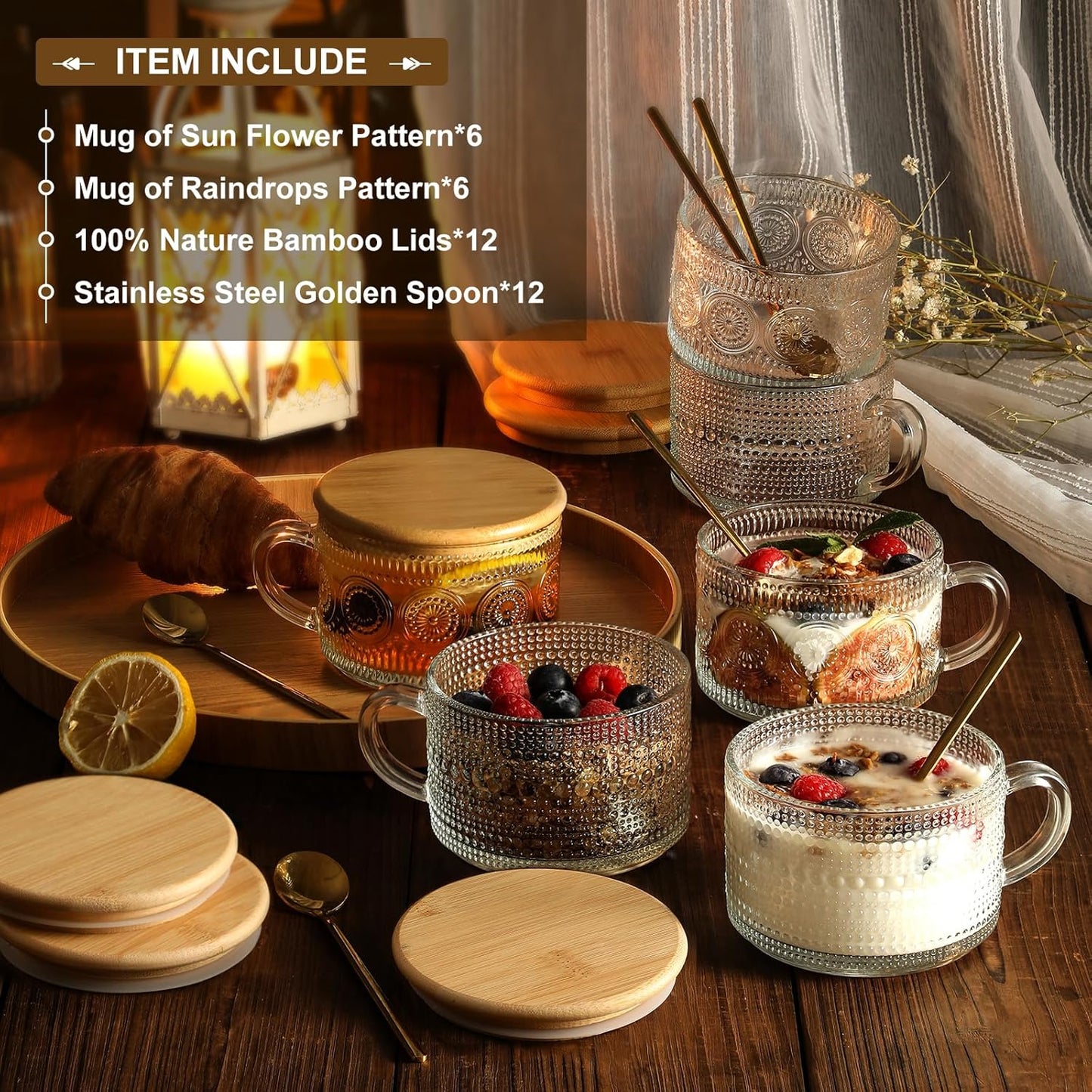 12pcs Set 14oz LANDNEOO Irish Coffee Glasses, Vintage Coffee Mugs, Overnight Oats Containers with Bamboo Lids