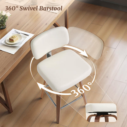 Cozyman Swivel Counter Height Bar Stools Set of 4, 26" Upholstered Seat Barstools with Back Walnut Wood Legs, Mid-Century PU Leather Bar Stools with Footrest for Island/Kitchen/Counter/Bar, White