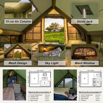 9.8' x 7' Inflatable Tents for Camping 4-6 Person, 4 Season Blow Up Tent with Waterproof & Anti-Moisture Tarp, Luxury Inflatable Hot Tent with Stove Jack for Camping Outdoors
