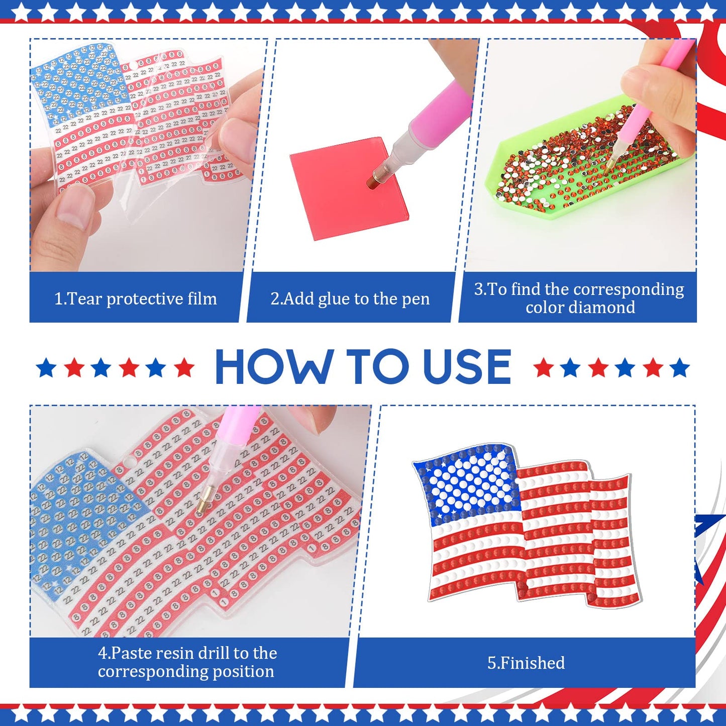 Ecally 15 Pcs Patriotic 4th of July Diamond Painting Keychains 5D DIY Art Ornaments for Independence Day Decor (Vivid)