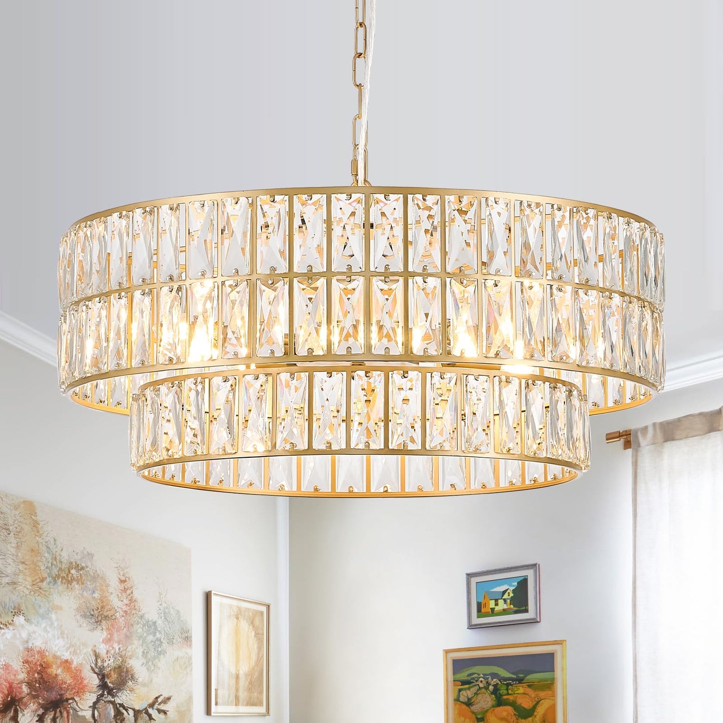 CATINER 24'' Modern Crystal Chandelier 8-Lights Luxury Gold Semi Flush Mount Ceiling Light Fixtures Round Crystal Pendant Chandelier for Living Room Dining Room Foyer Bedroom Kitchen