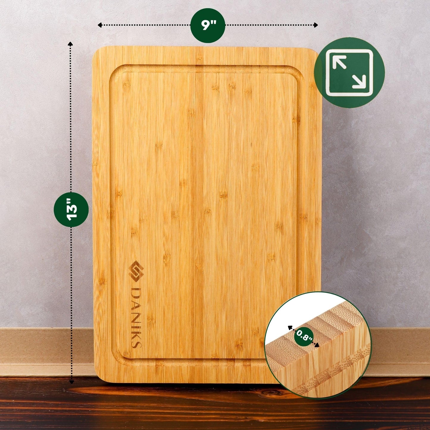 Daniks Bamboo Cutting Board Set of 2 with Juice Groove, XL 16x12 & L 13x9 in – Cutting Boards for Kitchen, Meal Prep, Serving & Charcuterie, Heavy‑Duty