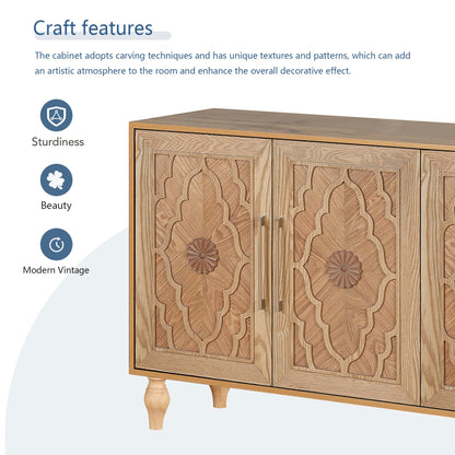 ERYE Mid-Century Modern Carved Flower 4-Door Functional Buffets Sideboard with Shelves and Metal Handles Accent Perfect for Kitchens, Dining Room, Entryway,Living Space
