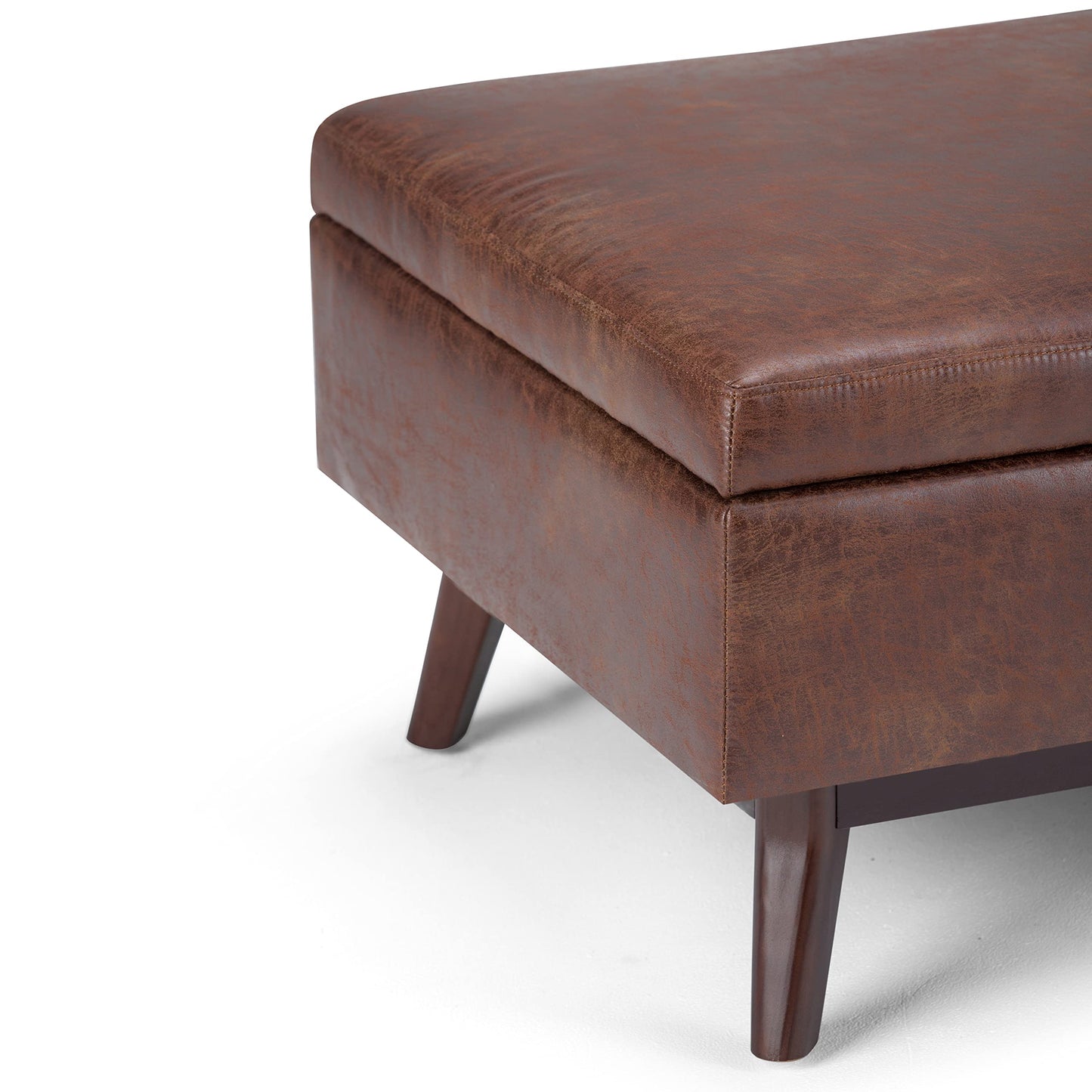SIMPLIHOME Owen Coffee Table Storage Ottoman - 34" Wide x 19" High Upholstered Vegan Leather Rectangular Lift-Top Ottoman in Distressed Saddle Brown, Mid-Century Modern Bench with Tapered Legs