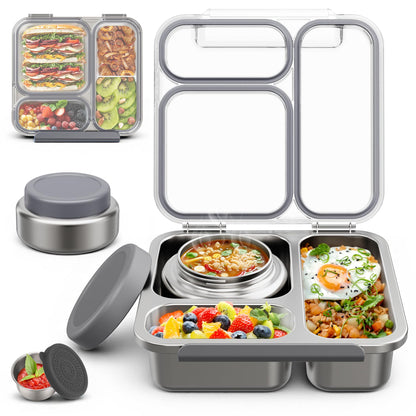 Stainless Steel Bento Box Kids Adult with 7oz Soup Thermo, Transparent Lid 3 Compartments Metal Bento Lunch Box with Insulated Food Jar,Lunch Box Container Sauce Cup for School,BPA-Free(Grey)