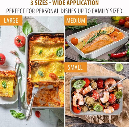 E-far Stainless Steel Baking Pans Set - 3 Rectangular Bakeware (12.5/10.5/9.4 Inch) | Non-Toxic & Dishwasher Safe