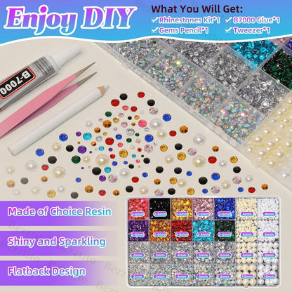 14000Pcs Colorful Flatback Rhinestones and Pearls for Bedazzling Kit, 2-6mm Resin Gems Bedazzling Rhinestone, 4-10mm Flatback Pearls Gems Rhinestones for Crafting DIY Face Makeup