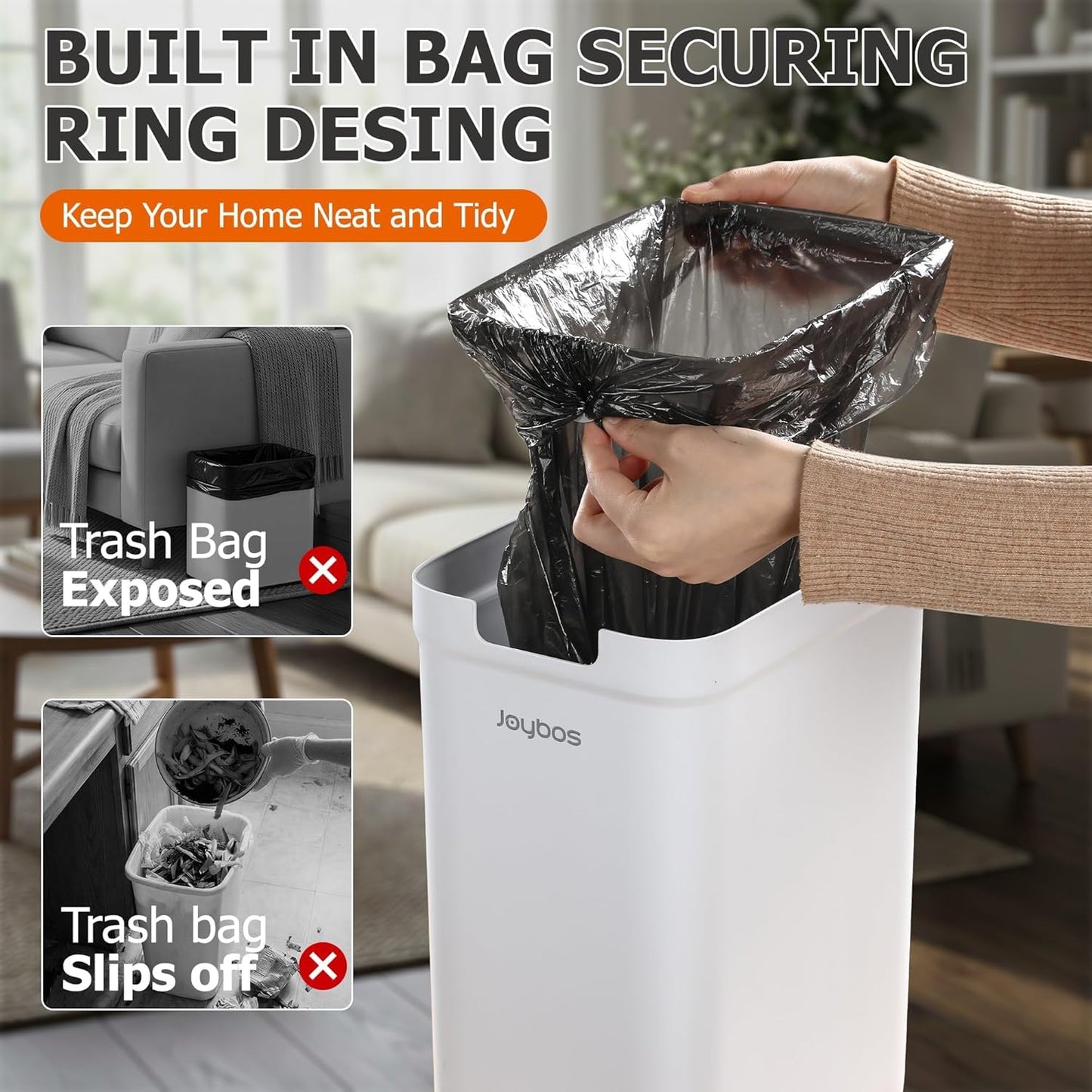 Spreezy 2 Pack Lid(3.6 2.4 Small Trash Can with Gal & Gal), Bathroom Garbage Can with Hidden Trash Bag Storage, Slim