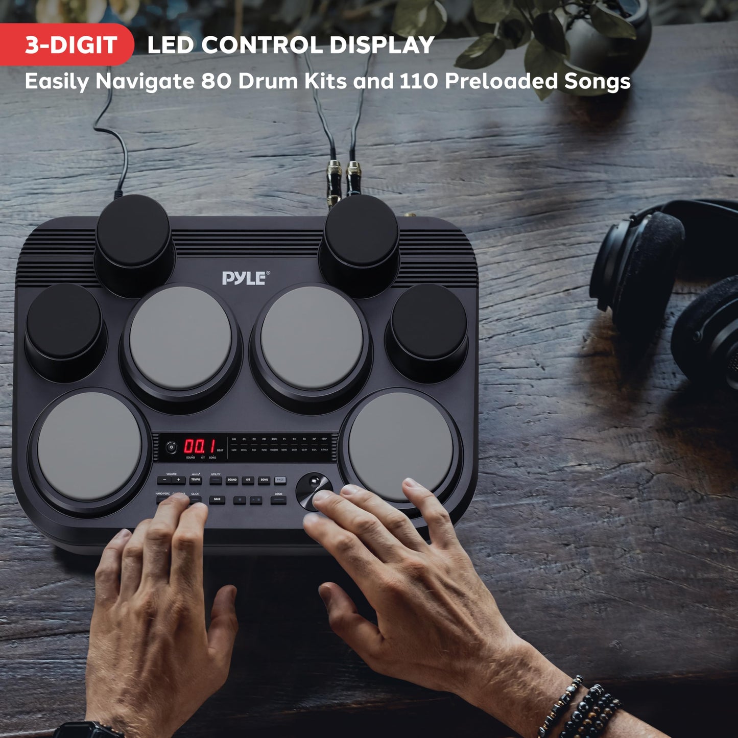 Pyle Electronic Tabletop Drum Pad Set - Compact Portable Drum Kit w/ 8 Touch Sensitive Drum Pads and Pedals, 600 Sounds, USB & Headphone Outputs, MIDI/AUX Inputs - 80 Preloaded Kits (Black)