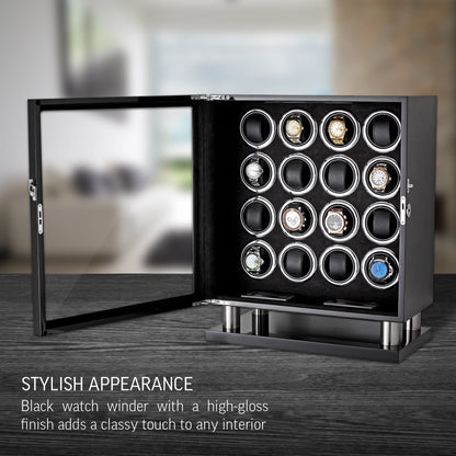 Watch Winder for 16 Automatic Watches with LED Light and LCD Touchscreen Control (Black + Black)