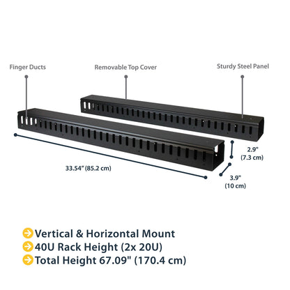 StarTech 2-Pack 20U Vertical Cable Organizer with Finger Ducts, Vertical Cable Management Panel, 40U Rack-Mount Cable Raceway, 2x 3ft (91cm) Wire Organizers