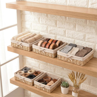Shallow Storage Baskets for Shelves, Set of 4 Lined Wicker Baskets for Organizing, Khaki Paper Rope Shelf Storage Bins for Pantry, Closet, Bathroom