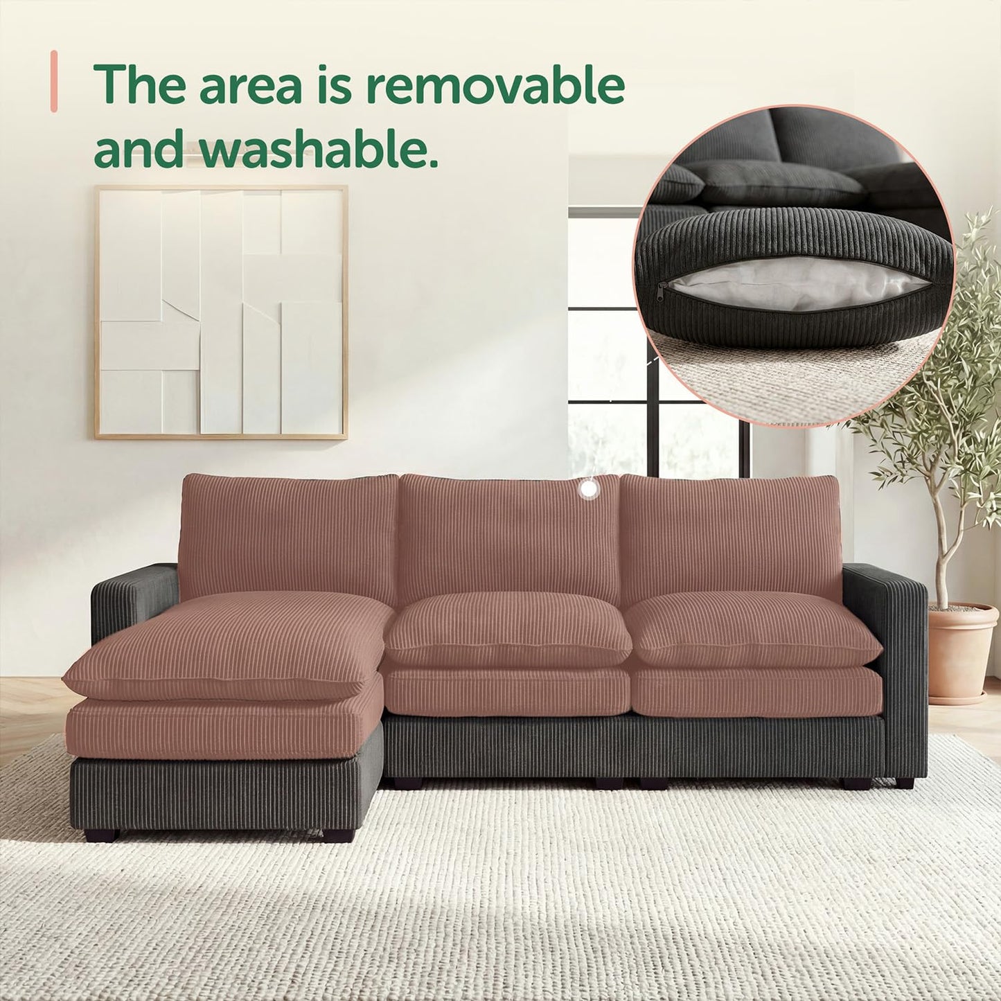 HONBAY 97.6 Inch Corduroy Cloud Modular Sectional Sofa with Chaise, Deep Seat L-Shaped Couch with Storage for Living Room, Apartment, Small Space,Grey