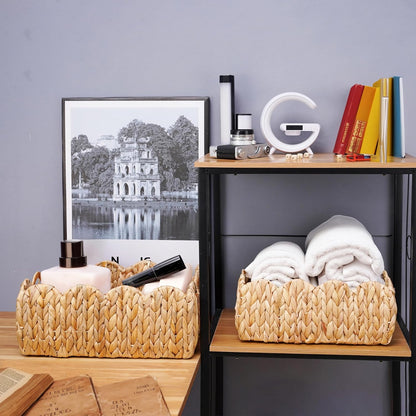 Set 2 LUSYDECO of Scalloped Edge Wicker Storage Basket with Built-in Handles, Rectangle Water Hyacinth Basket