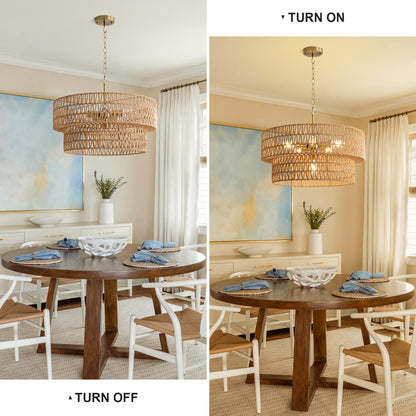 23.6" Boho Rattan Chandelier, 6-Light Large Rattan Pendant Light with 2-Tier Wicker Shade, Bohemian Farmhouse Ceiling Light Fixture Chandelier for Dining Room, Living Room, Bedroom, Kitchen Island