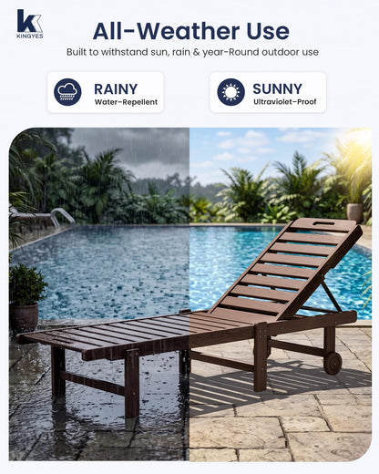 KINGYES Outdoor Armless Chaise Lounge Set of 2, HDPE Pool Lounge Chairs with Cup Holder & Wheels, Patio Lounger Chairs for Poolside, Brown