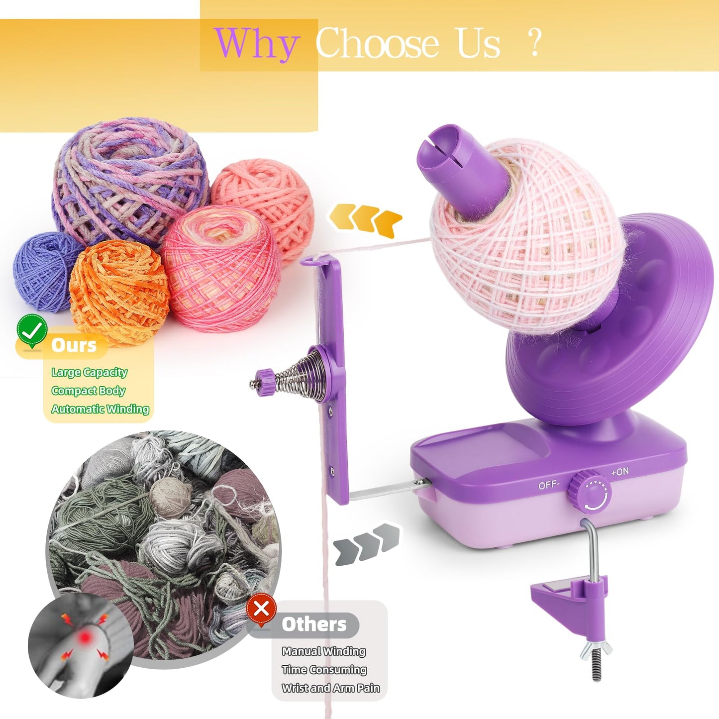 Electric Yarn Winder for Crocheting-Automatic Crochet Yarn Ball Winder for Perfect Neat Cakes-Stepless Speed with Strong Tension, Tangle-Free Knitting Gift for Seniors with Arthritic Hands(Purple)