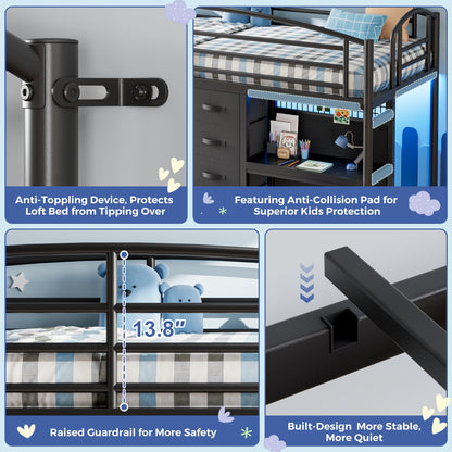 Low Loft Bed Twin Size with 7 Storage Drawers, Desk and LED Lights, Heavy Duty Metal Kids Loft Bed with 13.8" H Safety Guardrail, Anti-Collision Pad, Private Play Curtain, Under-Bed Play Space - Black
