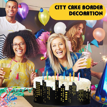 Janlaugh 2 Roll Skyscraper Cake Border Decoration Toppers Stick On or Lay On City Skyline Cake Decor Skyscraper Building Scenic Birthday Accessories for Bday Party Supplies (Skyline, Yellow)