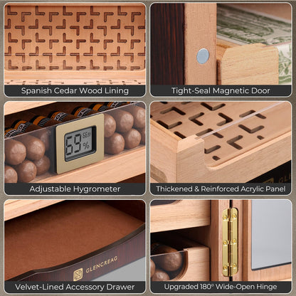 GLENCREAG M26FM-B Cigar Humidor Cabinet for 250 Cigars – Spanish Cedar Lining, Digital Hygrometer, Magnetic Seal, 5 Drawers & Accessory Storage, Transparent Top View Window– Gift for Cigar Aficionados