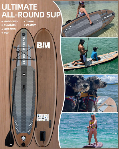BM Paddle Board Inflatable Stand Up Paddle Board, SUP Paddleboard for Adult, Premium Accessories | Non-Slip EVA Deck & Foam Handles, Camera Mount, Double Action Pump, 85L Travel Backpack, Teak
