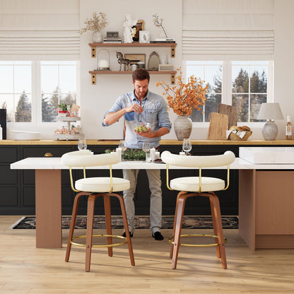 TYBOATLE Swivel Bar Stools Set of 4, Counter Height Bar Stools with Bent Wood Legs and Back, Mid-Century Modern Faux Leather Bar Chairs Island Barstools for Kitchen (4, White)