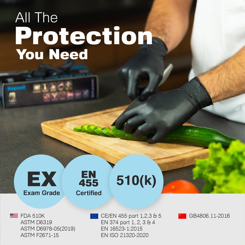 Raxwell 5.5 Mil Black Nitrile Gloves - Chemical Resistant for Medical & Cleaning Tasks - Textured Touchscreen-Compatible Food Safe Gloves - Disposable for Cooking & Prep - Medium Pack of 100