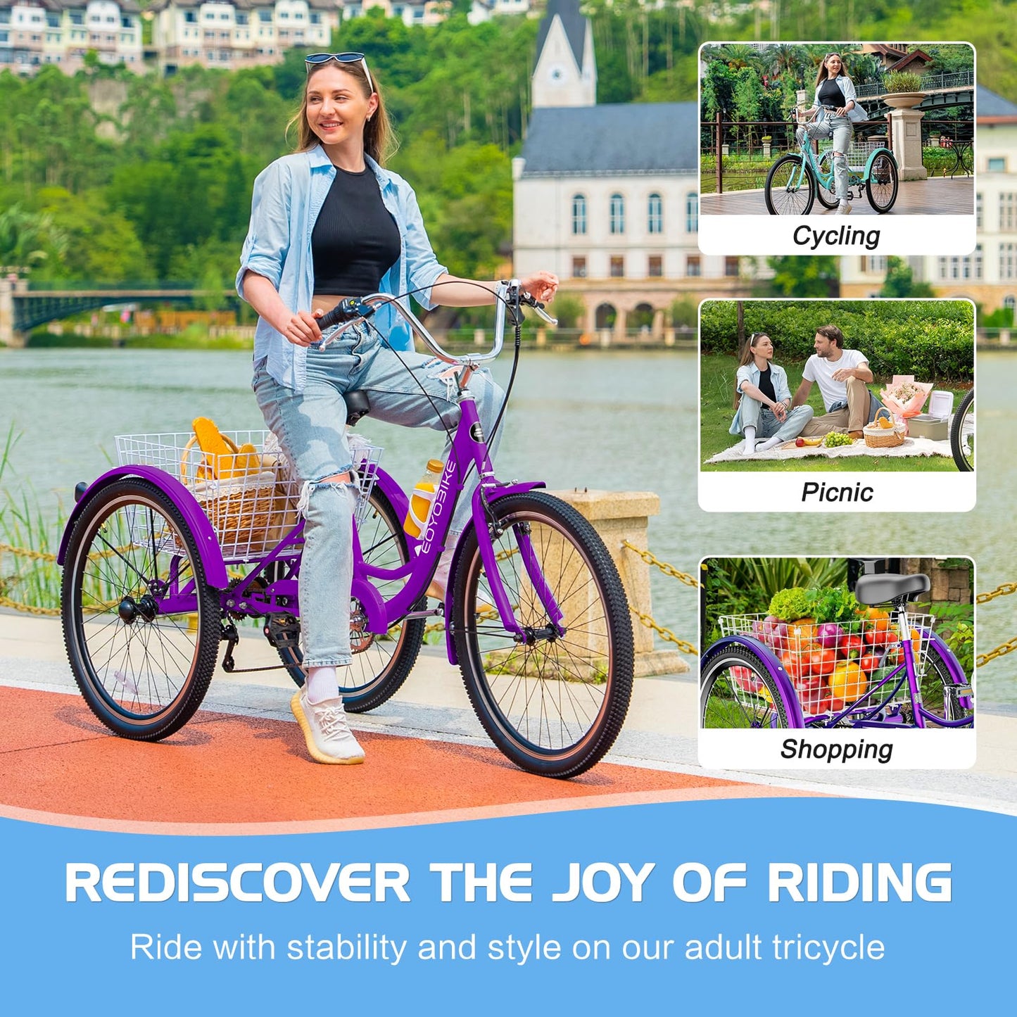 EOYOBIKE Adult Tricycle 3-Wheel Cruiser Bike, Low Step-Through, Heavy-Duty Comfort Trike with Adjustable Handlebar & Spring Saddle, Large Rear Basket, for Seniors & Adults (Orchid Rose, 26" Tire)