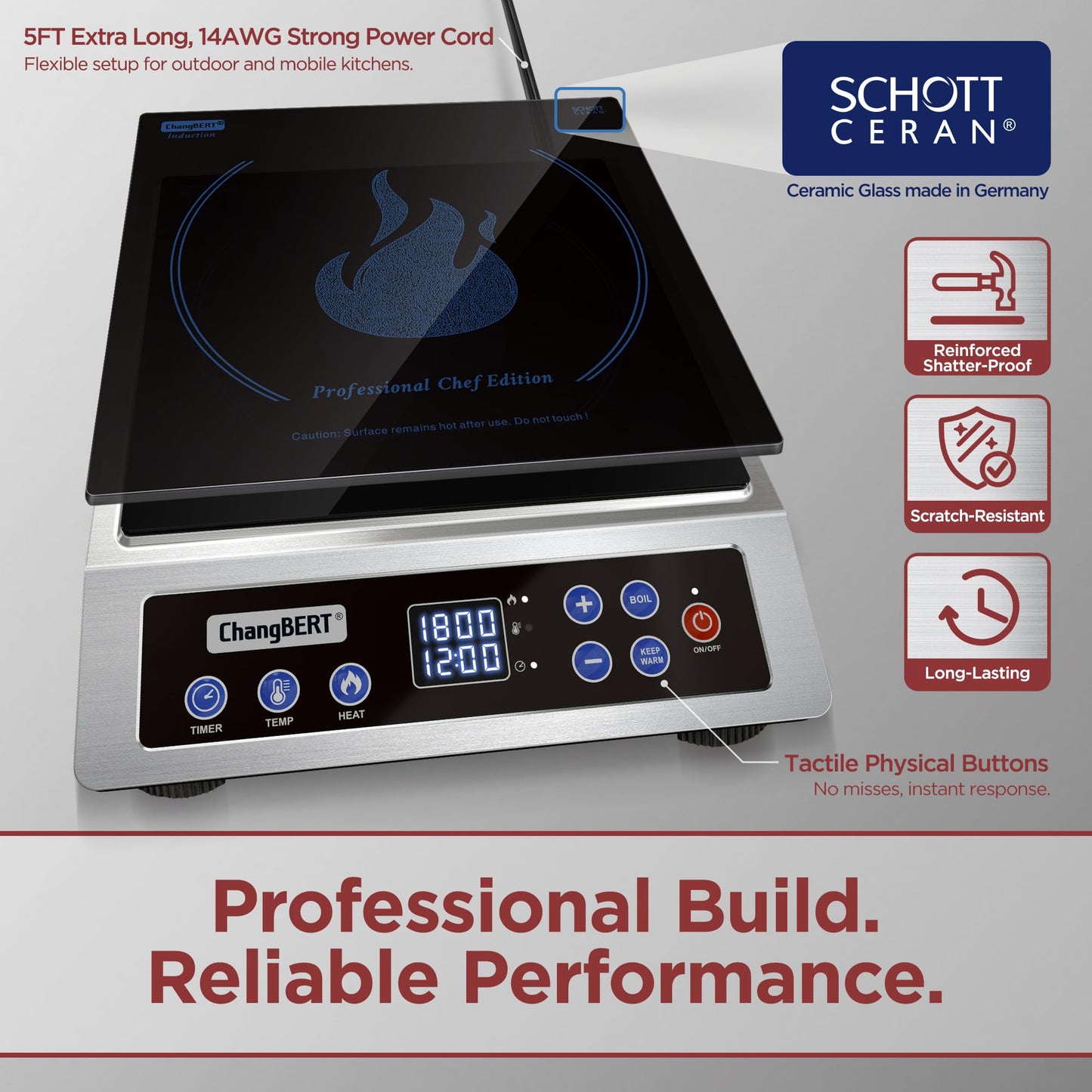 ChangBERT Induction Cooktop NSF Certified Professional Chef Edition Stove, 1800W Commercial Induction Burner with Schott Glass, Large Heating Coil Electric Hot Plate for Restaurant Hotel Food Station