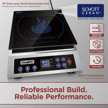 ChangBERT Induction Cooktop NSF Certified Professional Chef Edition Stove, 1800W Commercial Induction Burner with Schott Glass, Large Heating Coil Electric Hot Plate for Restaurant Hotel Food Station