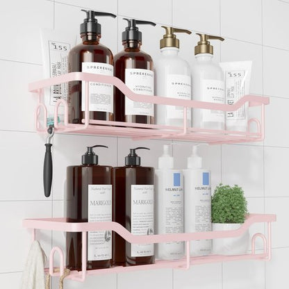 Kitsure Shower Caddy Large - No Drill Adhesive Organizer | Stainless Steel Shelf for Bathroom, 2 Pack, Pink
