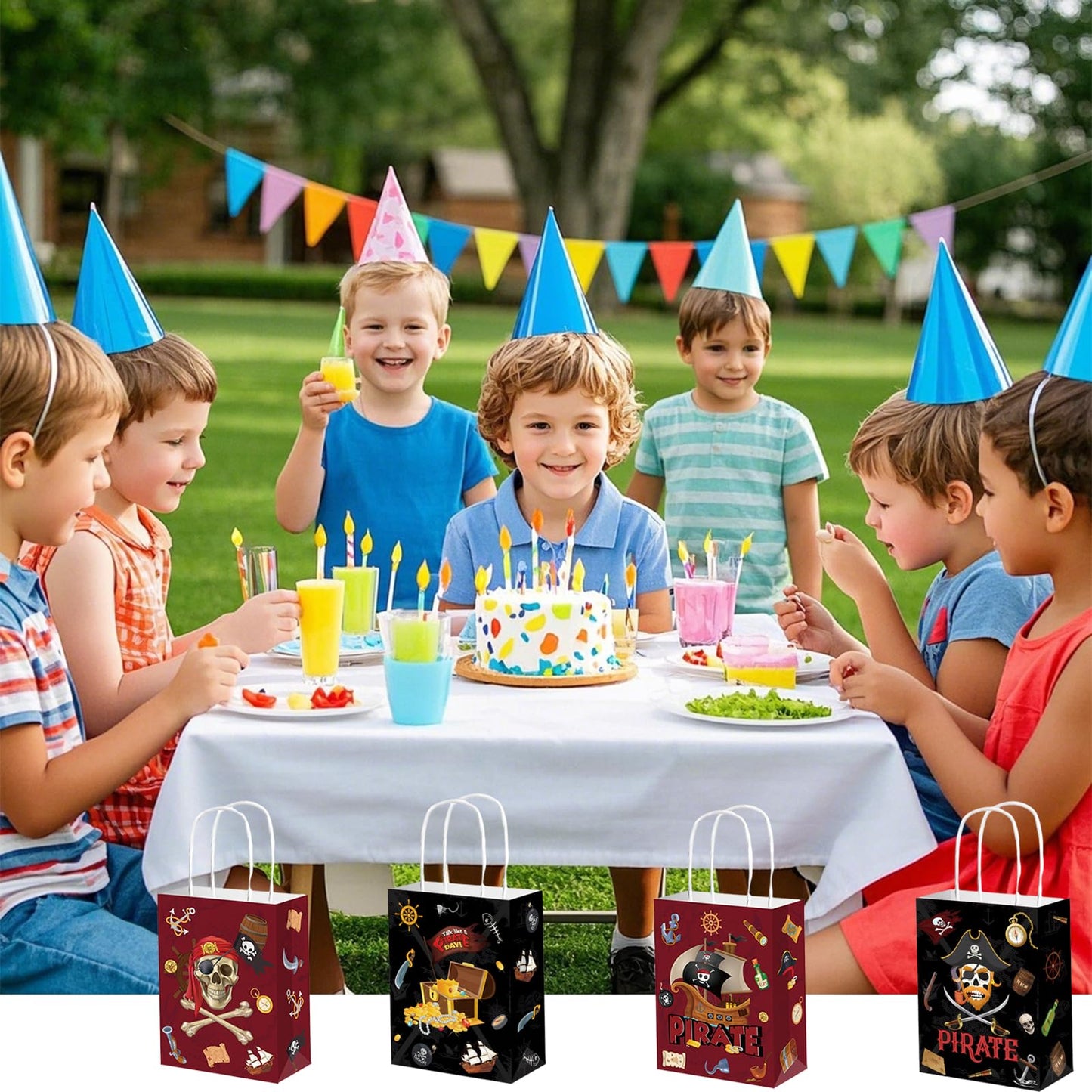 Qpout 16 Pack Pirate Gift Bags, Party Favor Bag Small, Goodie Treat Candy Bags, Pirates Booty Snack Bag, Boys Birthday Baby Shower Halloween Goody Bag