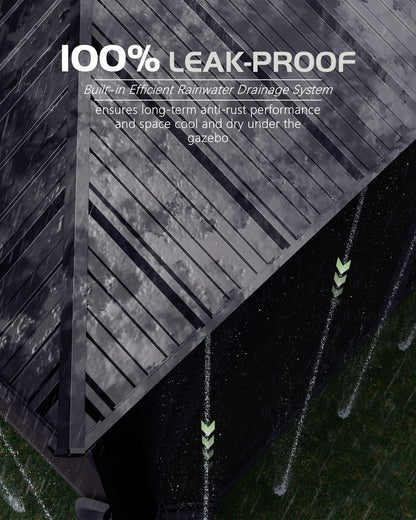 12'X14' Hardtop Gazebo, Metal Double Roof Aluminum Gazebos with Curtain and Netting, Permanent Galvanized Steel Pavilion, Heavy Duty Poles for Patio, Deck, Backyard, Lawn, Garden, Brown