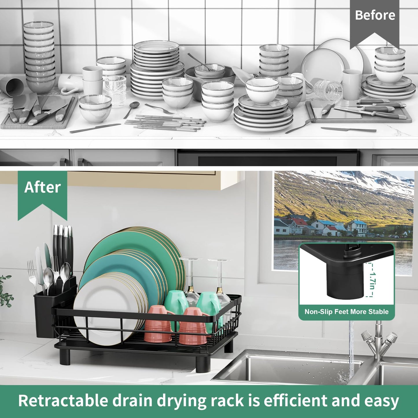MOUKABAL Dish Drying Rack, Dish Rack, Stainless Steel Dish Racks for Kitchen Counter, Dish Drainer with Removable Utensil Holder, Drainboard (Black,13''W x 17''L)