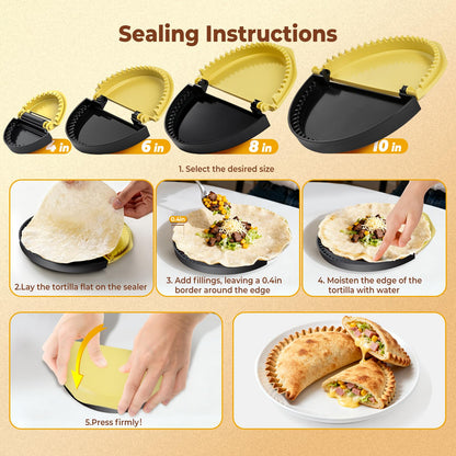 Zenflux 4-in-1 Portable Tortilla Sealer and Crimper - Quesadilla Maker & Empanada Press with 4 Detachable Sizes (4, 6, 8, 10 Inch), Create Sealed Quesadillas, Burritos, Dumplings, Black and Yellow